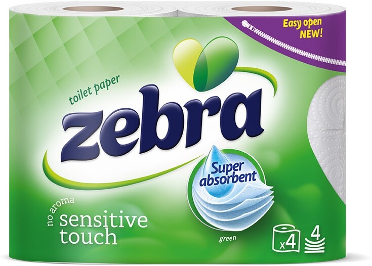 Бумага туалетная Zebra color green 4 рулона 4 слоя