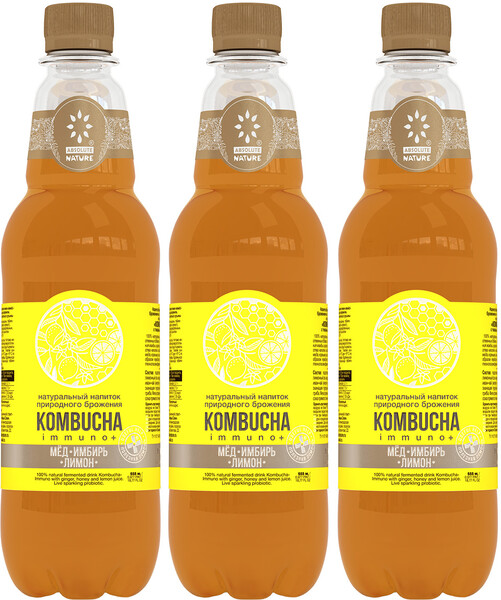 Напиток газированный Absolute Nature IMMUNO+ Комбуча имбирь мед лимон, 0,555 мл