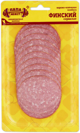 Сервелат варёнокопчёный Финский Папа Может в/у 100 гр нарезка Останкинский МПК