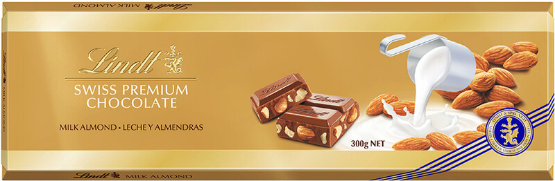 Шоколад молочный Lindt Gold с цельным миндалем 0,3кг