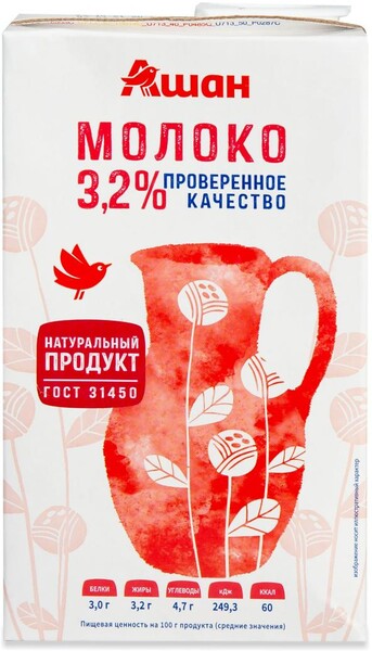 Молоко ультрапастеризованное АШАН Красная птица 3.2%, 970 мл