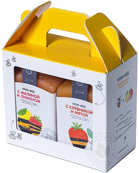 Набор крем-мёд натуральный с клубникой мятой, 320г., крем-мёд натуральный с малиной лимоном, 320г.