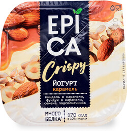 Йогурт Epica Crispy с карамелью 10,2% и смесь из семян подсолнечника и орехов в карамели 140г Россия, БЗМЖ