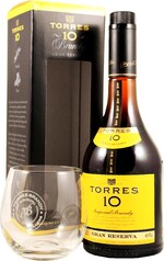 Бренди «Torres 10 Gran Reserva» в подарочной упаковке со стаканом, 0.7 л