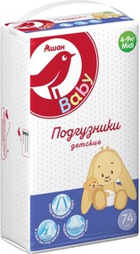 Подгузники АШАН midi 3 (4-9 кг) размер, 74 шт