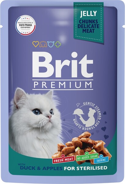 Корм для стерилизованных кошек влажный Brit Premium Утка с яблоками в желе, 85 г