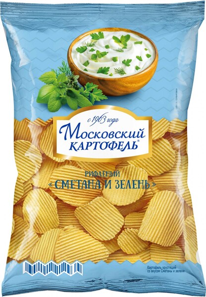 Чипсы Московский картофель картофельные сметана и зелень рифленые, 70 гр., флоу-пак
