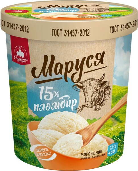 Мороженое МАРУСЯ Пломбир ванильный 15%, без змж, ведерко, 380г Россия, 380 г
