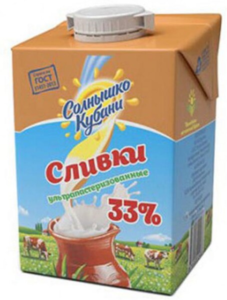Сливки питьевые Солнышко Кубани ультрапастеризованные 33%, 1л БЗМЖ