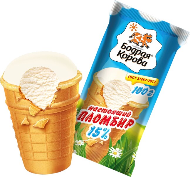 Мороженое БОДРАЯ КОРОВА Пломбир, без змж, вафельный стаканчик, 100г Россия, 100 г