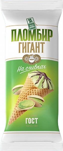 Мороженое Белая Долина Пломбир на сливках фисташка ГОСТ 15% рожок-гигант, 0.12кг