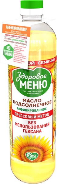 Масло подсолнечное ЗДОРОВОЕ МЕНЮ рафинированное, 900мл Россия, 900 мл