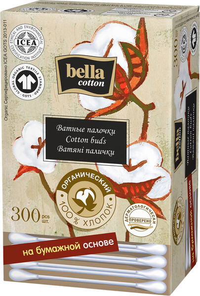 Ватные палочки Bella cotton органический хлопок, картонная коробка, 300 шт