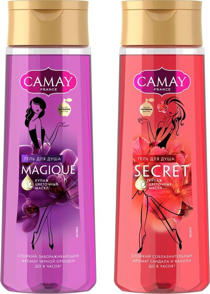 Набор гелей для душа Camay: Magique, с ароматом черной орхидеи, 250 мл + Secret, с ароматом сандала и ванили, 250 мл