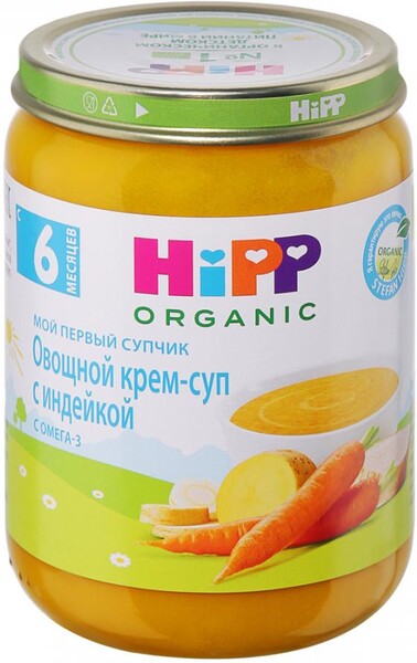 Крем-суп Hipp Organic Мой первый супчик Овощной с индейкой и омега-3 без сахара с 6 месяцев 190 г