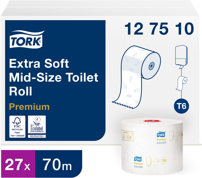 Бумага туалетная в рулонах Tork Mid-size Т6 Universal 3-слойная 27  рулонов по 70 метров (артикул производитля 127510)