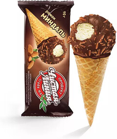 Мороженое ЧИСТАЯ ЛИНИЯ Пломбир ванильный в шоколадной глазури с миндалем 12%, без змж, вафельный рожок, 80г Россия, 90 г