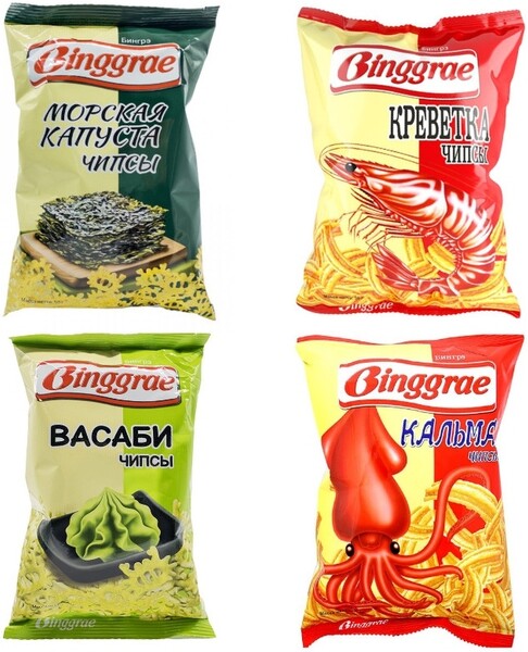 Binggrae / Чипсы пшеничные / зерновые со вкусами Васаби, Морская капуста, Креветка, Кальмар 4шт по 50 гр
