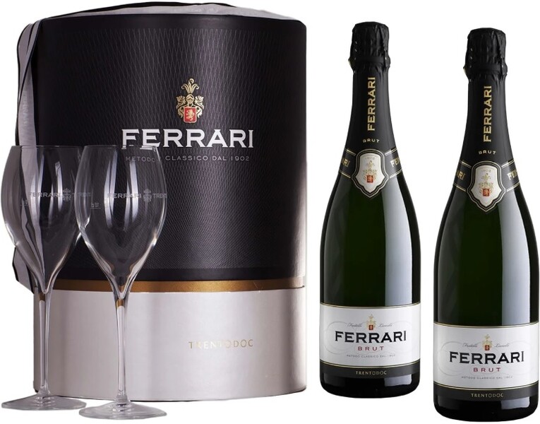 Вино игристое белое брют «Ferrari Brut Trento» набор из двух бутылок с двумя бокалами, 0.75 л