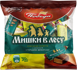 Конфеты Победа Мишки в лесу 200г вафельные с начинкой в горьком шоколаде