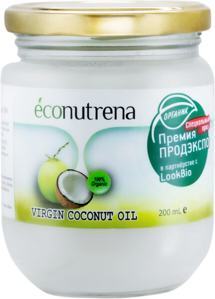 Кокосовое Масло Econutrena 200 мл, Пищевое Кокосовое Масло для Еды Нерафинированное, Натуральное Кокосовое Масло Холодного Отжима