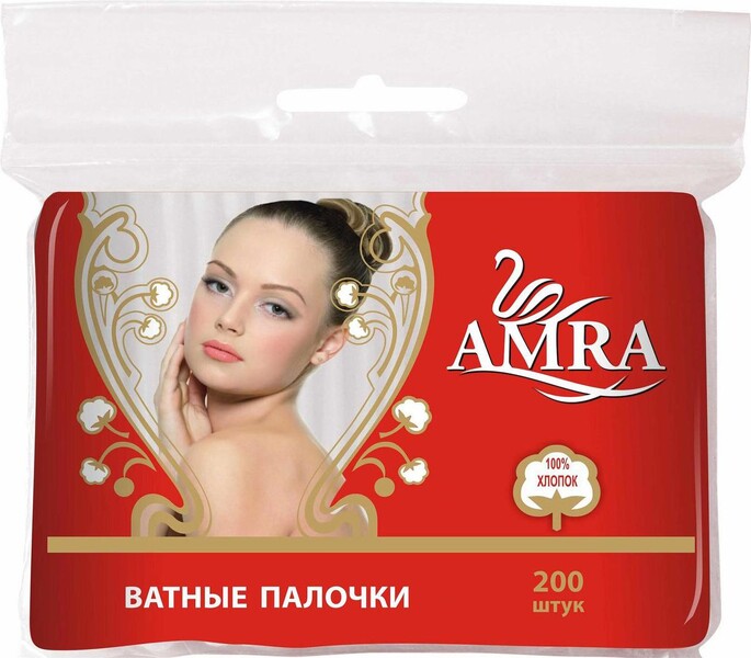 Ватные палочки, 200 шт., Amra, 521 гр., пластиковый пакет