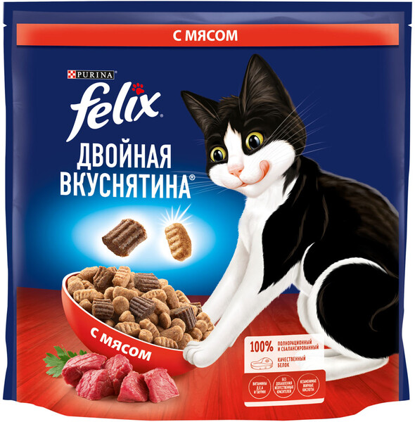 Двойная Вкуснятина сухой корм для взрослых кошек для взрослых кошек с мясом, 1,3 кг