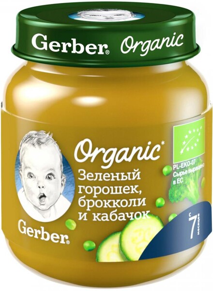 Пюре овощное Gerber серии Organic зеленый горошек, брокколи и кабачок для питания детей с 7 месяцев 125г