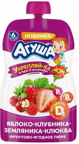 Пюре Агуша Укрепляйка Фруктово-Ягодное Яблоко Клубника Земляника Клюква 90Г  Пауч Пак