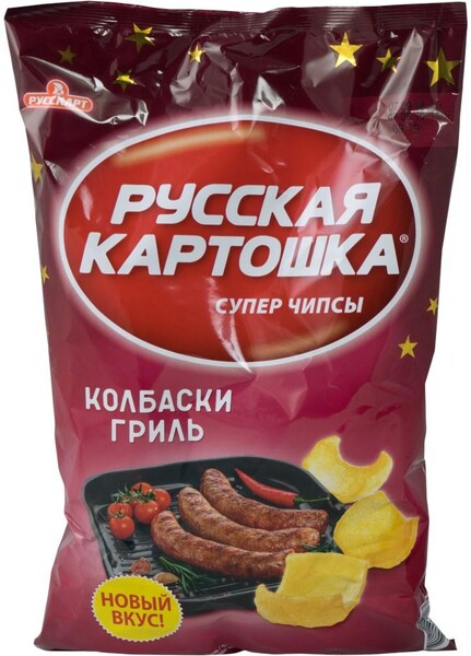 Чипсы Русская картошка со вкусом колбасок гриль, 80 гр., флоу-пак