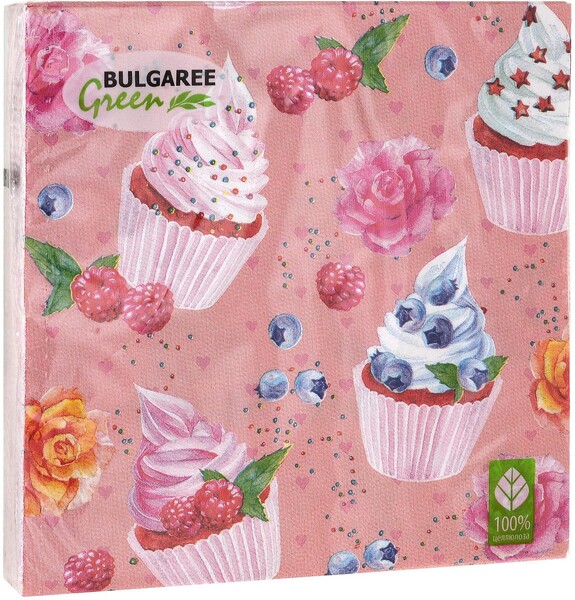 Салфетки бумажные трёхслойные 33х33 20 штук Bulgaree Green Десерт, пластиковый пакет