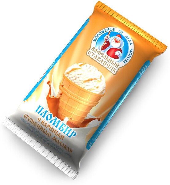 Мороженое БЗМЖ Пломбир ванильный с вареным сгущеным молоком в вафельном стаканчике От Деда Мороза 12% 70г