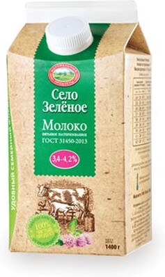 Молоко Село Зеленое отборное пастеризованное 3,4-4,2%, 1400 гр., тетра-пак