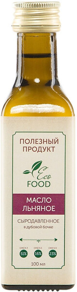 Льняное масло, 100 мл (Сыродавленное в дубовой бочке) Eco Food - Полезный продукт