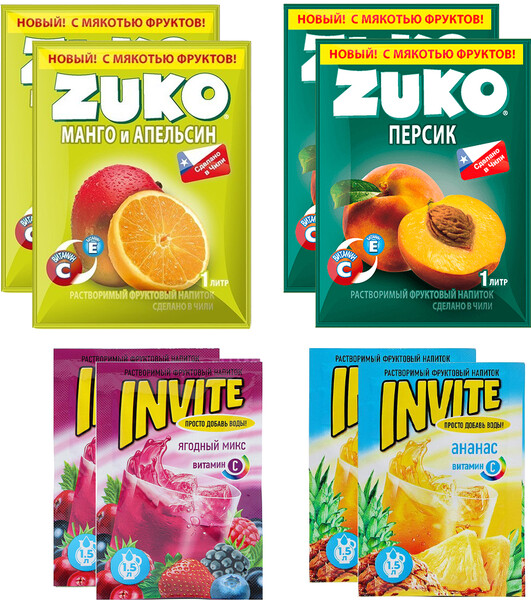 Набор ассорти растворимых напитков ZUKO, YUPI, INVITE / ЗУКО Апельсин / ЗУКО Клубника / ИНВАЙТ Кола / ЮПИ ананас  