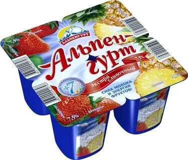 Продукт йогуртный Экстра сливочный 7,5% клубника-ананас, Альпенгурт, 100 гр, ПЭТ
