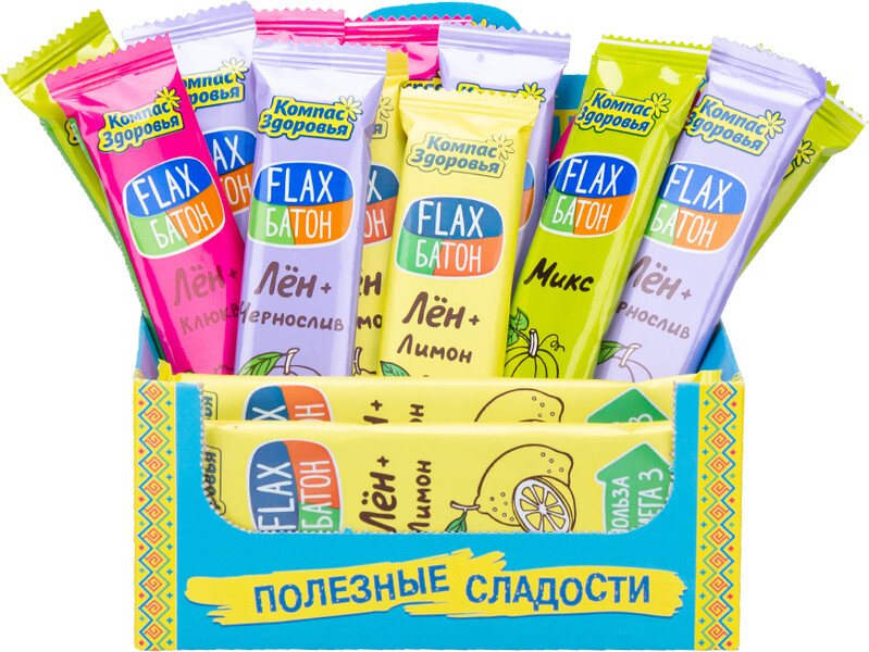 Батончики флакс АССОРТИ из 4 вкусов ШОУ-БОКС 20 шт. х 30 гр. клюква / чернослив / лимон / микс / 