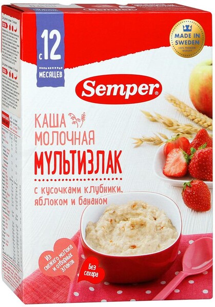 Каша Semper молочная быстрорастворимая с клубникой яблоком и бананом с 12 месяцев 200 г