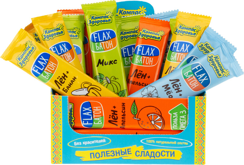 Батончики флакс АССОРТИ из 4 вкусов ШОУ-БОКС 20 шт. х 30 гр. банан / лён мёд / апельсин / микс /