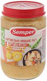 Пюре Semper Картофельно-овощное рагу с цыпленком для детей с 12 месяцев, 190г