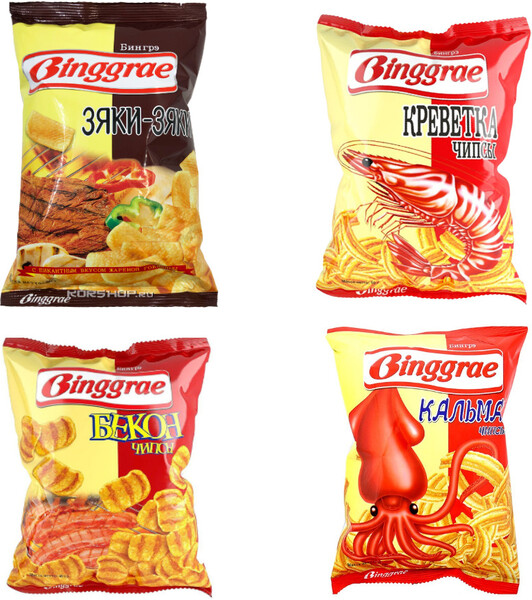 Чипсы Binggrae 4 вкуса: Бекон/ Зяки-Зяки/ Кальмар/ Креветка/ 4 упаковки по 50 грамм
