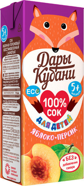 Сок «Дары Кубани» яблочно-персиковый с мякотью с 4 мес., 200 мл