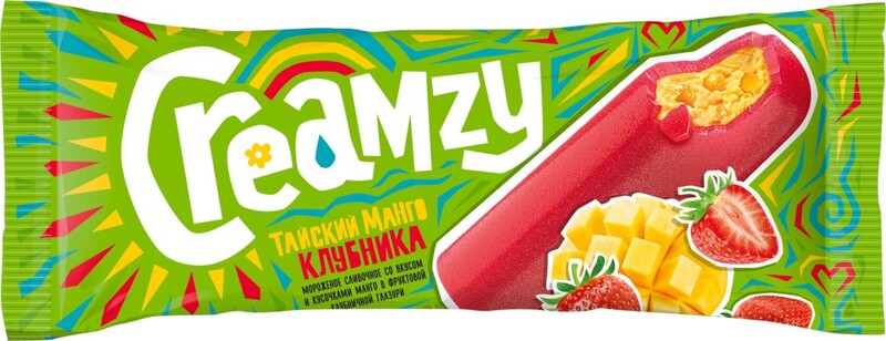 Мороженое БАШКИРСКОЕ МОРОЖЕНОЕ Creamzy, с кусочками манго во фруктовой клубничной глазури 10%, без змж, эскимо, 60г Россия, 60 г