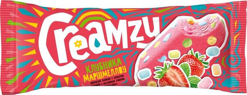 Мороженое БАШКИРСКОЕ МОРОЖЕНОЕ Creamzy, с ароматом клубники и воздушным зефиром marshmallows 12%, без змж, эскимо, 70г Россия, 70 г
