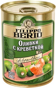 Оливки Filippo Berio без косточки, зелёные, с креветкой, в железной банке, 300 г