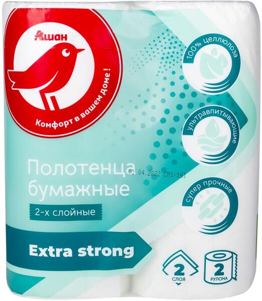 Полотенца бумажные АШАН Красная птица 2-х слойные EXTRASTRONG, 2 рулона