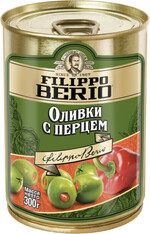 Оливки Filippo Berio без косточки, зелёные, с перцем, в железной банке, 300 г