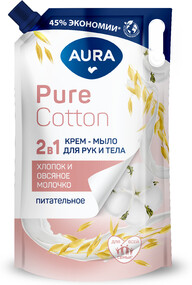 AURA Жидкое мыло 2в1 для рук и тела Хлопок и овсяное молочко 850мл Pure Cotton