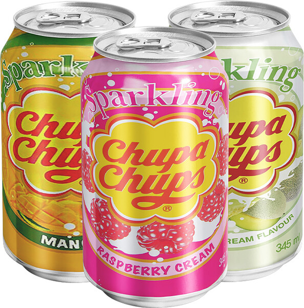Газированный напиток Chupa Chups - набор 3 вкуса (манго, малиновый крем, дыня со сливками) (Корея), 345 мл (3 шт)