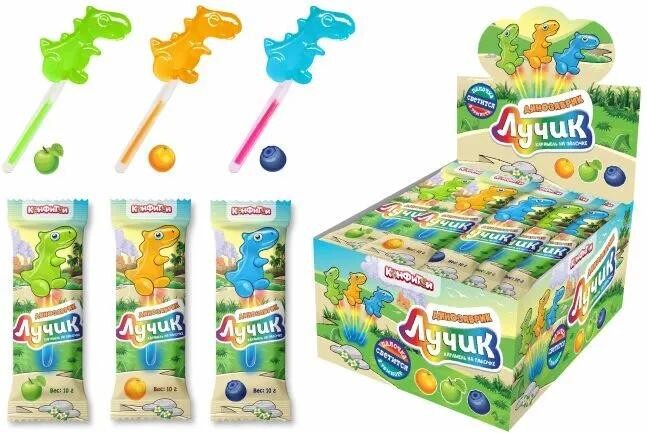 Карамель Конфитой леденцовая на светящейся палочке Лучик Динозаврик 10 гр., флоу-пак